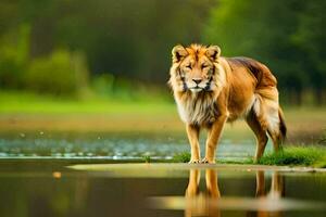 een leeuw staand in de water in de buurt een met gras begroeid veld. ai-gegenereerd foto