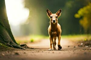 een hond wandelen Aan een aarde weg in de bossen. ai-gegenereerd foto