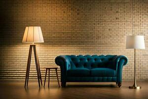 een blauw sofa en lamp in voorkant van een steen muur. ai-gegenereerd foto