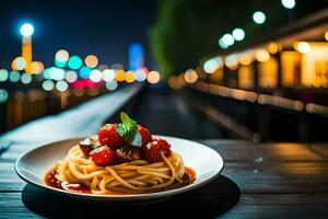spaghetti met tomaat saus en basilicum Aan een bord. ai-gegenereerd foto