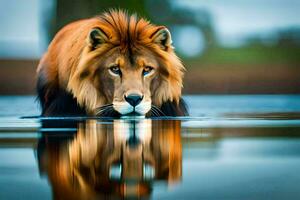 een leeuw is staand in de water met haar reflectie. ai-gegenereerd foto