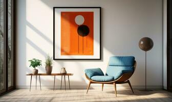 blauw sofa en terra cotta lounge stoel tegen muur met twee kunst posters ai gegenereerd foto