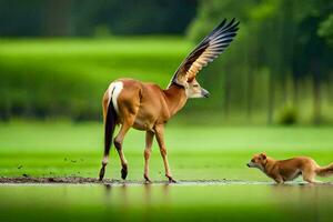 een hert en een hond staand in een veld. ai-gegenereerd foto