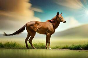 een paard is staand in de gras Aan een zonnig dag. ai-gegenereerd foto