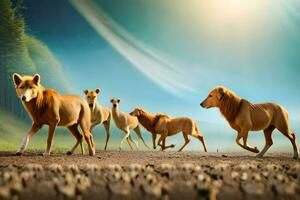 een groep van leeuwen wandelen aan de overkant een veld. ai-gegenereerd foto