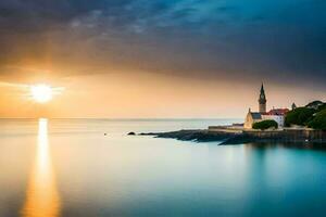 zonsondergang over- de zee met een kerk in de achtergrond. ai-gegenereerd foto