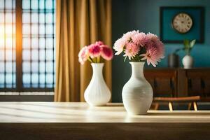 twee vazen met roze bloemen Aan een tafel. ai-gegenereerd foto