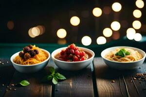 drie kommen van pasta met saus en kruiden. ai-gegenereerd foto