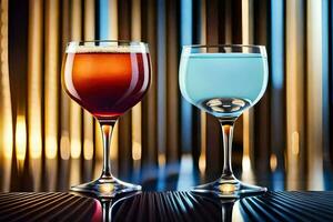 twee bril van verschillend gekleurde drankjes zitten Aan een tafel. ai-gegenereerd foto