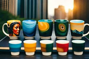 een groep van kleurrijk koffie mokken met verschillend ontwerpen. ai-gegenereerd foto