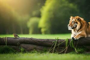 een tijger zittend Aan een log in de gras. ai-gegenereerd foto