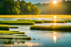 de zon is instelling over- een moeras met gras en water. ai-gegenereerd foto