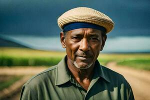 een Afrikaanse Mens in een hoed staat in voorkant van een veld. ai-gegenereerd foto