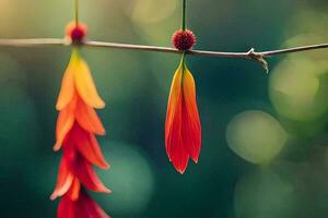 rood en oranje bloemen hangende van een Afdeling. ai-gegenereerd foto