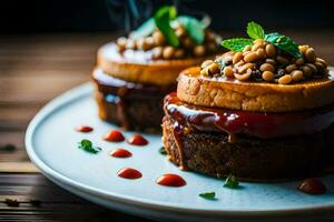 twee hamburgers Aan een bord met saus en garneren. ai-gegenereerd foto