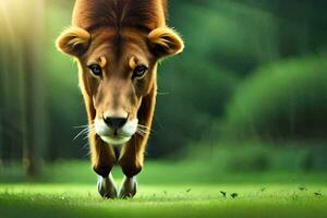 een leeuw is wandelen in de gras. ai-gegenereerd foto