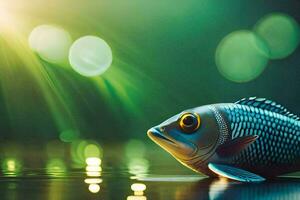 een vis is zittend Aan de water met een helder licht. ai-gegenereerd foto