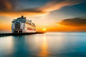 een reis schip aangemeerd Bij de pier Bij zonsondergang. ai-gegenereerd foto