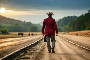 een Mens in een rood pak wandelingen naar beneden een spoorweg spoor. ai-gegenereerd foto