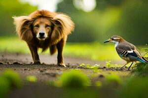 een hond en een vogel staand Aan een aarde weg. ai-gegenereerd foto