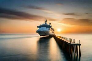 een reis schip aangemeerd Bij de pier Bij zonsondergang. ai-gegenereerd foto