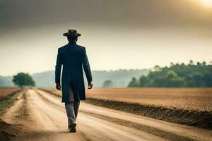 een Mens in een pak en hoed wandelingen naar beneden een aarde weg. ai-gegenereerd foto