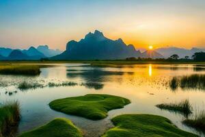 de zonsopkomst over- de li rivier. ai-gegenereerd foto