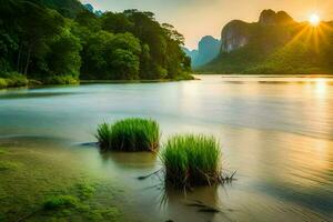 de zon stijgt over- de li rivier- in China. ai-gegenereerd foto