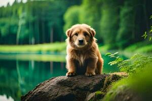 een gouden retriever zittend Aan een rots door een meer. ai-gegenereerd foto