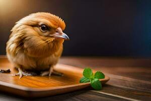 een klein bruin vogel zittend Aan een houten dienblad. ai-gegenereerd foto