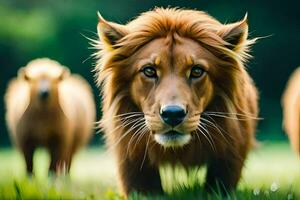 een leeuw is wandelen in de gras met andere dieren. ai-gegenereerd foto