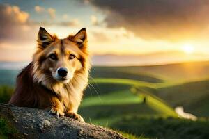 een hond zittend Aan een rots in voorkant van een zonsondergang. ai-gegenereerd foto