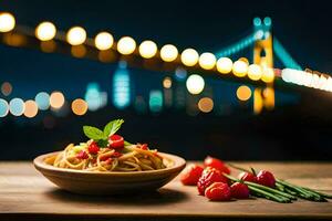 een kom van pasta met kers tomaten en basilicum in voorkant van de gouden poort brug. ai-gegenereerd foto