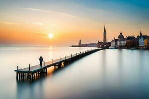 een Mens staat Aan een pier op zoek Bij de zon instelling over- een lichaam van water. ai-gegenereerd foto