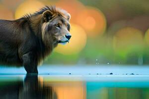 een leeuw staand in de water met een wazig achtergrond. ai-gegenereerd foto