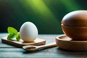 een ei en een houten kom met een lepel. ai-gegenereerd foto