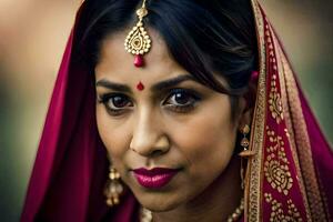 een mooi Indisch vrouw vervelend een rood sari. ai-gegenereerd foto