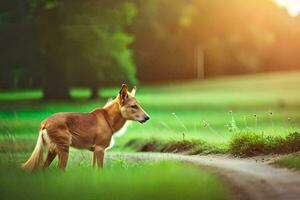 een hond is staand Aan een pad in de gras. ai-gegenereerd foto