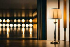 een lamp Aan een houten verdieping in voorkant van een deur. ai-gegenereerd foto