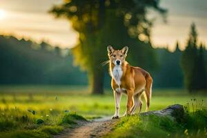 een hond staand Aan een pad in een veld. ai-gegenereerd foto