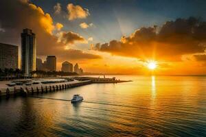 de zon sets over- de water in voorkant van een stad. ai-gegenereerd foto