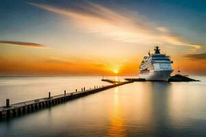 een reis schip aangemeerd Bij de pier Bij zonsondergang. ai-gegenereerd foto