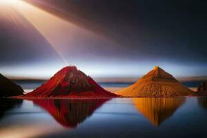 drie bergen met rood zand en water. ai-gegenereerd foto