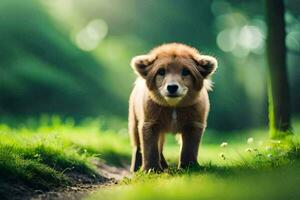 een puppy is wandelen in de gras. ai-gegenereerd foto