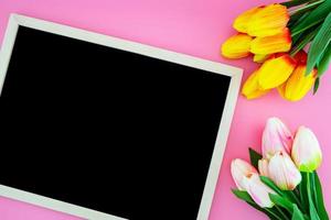 tulpenbloem en schoolbord, schoolbord met plat op het roze. foto