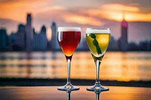 twee bril van cocktails met een visie van de stad. ai-gegenereerd foto