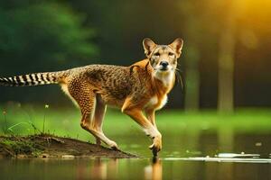 een wolf is wandelen aan de overkant een meer. ai-gegenereerd foto