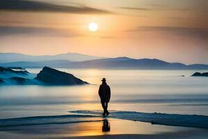 een Mens wandelen Aan de strand Bij zonsondergang. ai-gegenereerd foto