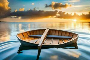 een boot drijvend in de water Bij zonsondergang. ai-gegenereerd foto