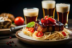 een bord van spaghetti met vlees en tomaten. ai-gegenereerd foto